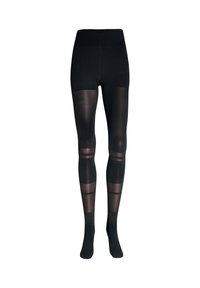 Schwarze blickdichte Strumpfhosen mit einem transparenten Abschnitt und horizontalen Streifen. Hoher Taillenschnitt mit glatter Textur und gleichmäßiger Verarbeitung.