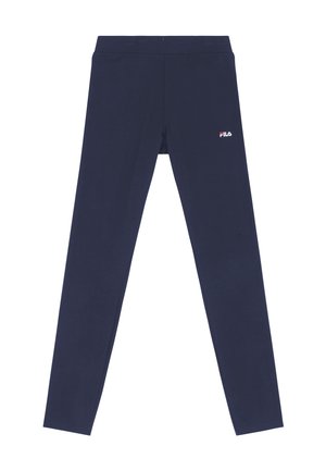 Laivastonsiniset urheilutrikoot, joissa Fila-logo yläreiden kohdalla, suunniteltu kapeaan istuvuuteen ja aktiiviseen käyttöön.