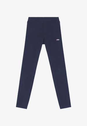 Granatowe legginsy sportowe z logo Fila na górnej części uda, zaprojektowane dla dopasowanego kroju i aktywnego noszenia.