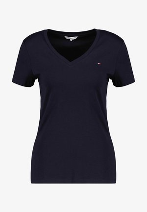 Marineblauw V-hals T-shirt gemaakt van zachte katoenen stof, met korte mouwen en een klein logo in rood, wit en blauw op de borst.