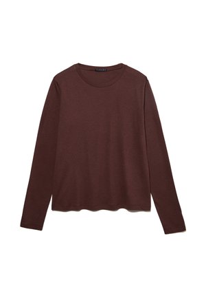 Camicia a maniche lunghe bordeaux realizzata in morbido cotone, con scollatura rotonda e orlo dritto, caratterizzata da una texture sottile e liscia.