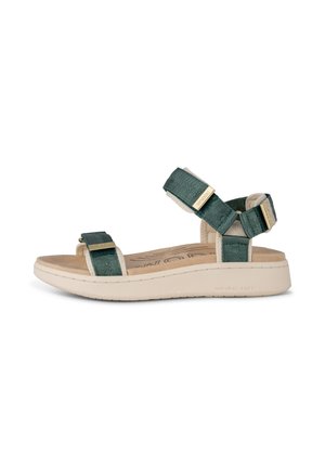 Green textile strap sandal with a cushioned beige footbed and a white rubber sole. Features two adjustable straps with gold accents.