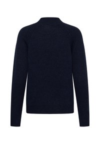 Pull bleu marine foncé à manches longues avec un col haut côtelé et des poignets côtelés, montré de dos sur fond blanc.