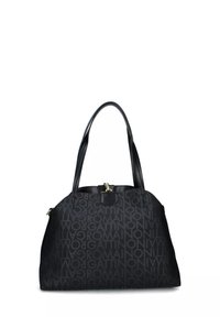 Borsa nera con manici lunghi, caratterizzata da un motivo di testo del marchio tonale su tutta la superficie e chiusura a scatto in tonalità oro al centro superiore.