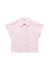 Camicia a maniche corte, con bottoni, in cotone rosa chiaro, caratterizzata da un colletto a punta, vestibilità rilassata e una leggera texture.