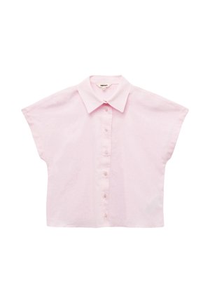 Camicia a maniche corte, con bottoni, in cotone rosa chiaro, caratterizzata da un colletto a punta, vestibilità rilassata e una leggera texture.