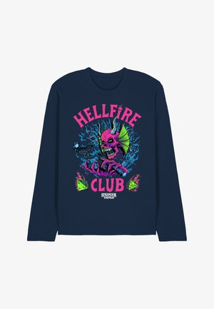 Navy long-sleeve shirt featuring a colorful graphic design with a pink skull, horns, and the text "HELLFIRE CLUB" in bold pink letters.