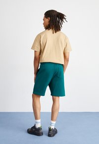 Beige Baumwoll-T-Shirt, türkisfarbene Shorts und schwarze Turnschuhe mit grünen Akzenten. Modell von hinten betrachtet, steht auf einer hellblauen Fläche.