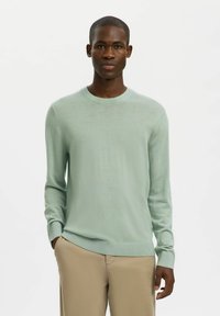 Pull en tricot vert clair avec un col rond et des manches longues. Texture lisse, poignets et ourlet côtelés. Assorti à un pantalon beige.