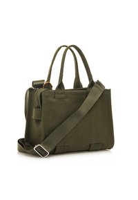 Olivgrüne Canvas-Tasche mit doppelten oberen Griffen und einem verstellbaren Schultergurt, ausgestattet mit einem Reißverschlussfach und rechteckiger Form.