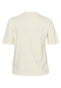 Cream-colored short-sleeve t-shirt with a round neckline and a relaxed fit. Smooth texture, minimal detailing, and no visible logos or patterns.