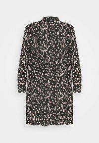 Robe noire à manches longues avec un motif floral rose et blanc, dotée d'un col boutonné et d'une taille froncée pour une coupe décontractée.