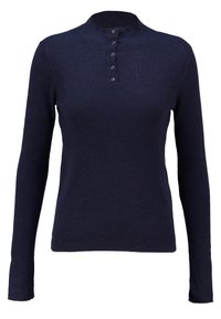 Granatowa, prążkowana bluzka z długim rękawem, z wysokim kołnierzem i zapięciem na pięć guzików. Charakteryzuje się dopasowanym krojem i teksturowanym materiałem.