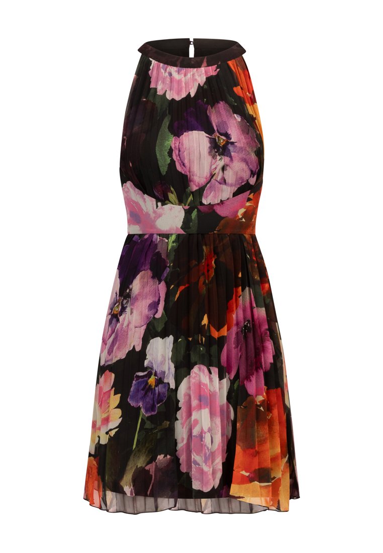 Vestido con estampado floral que presenta colores vibrantes, incluyendo rosa, púrpura y naranja. Diseño plisado con un escote alto y detalle de abertura en la parte posterior.