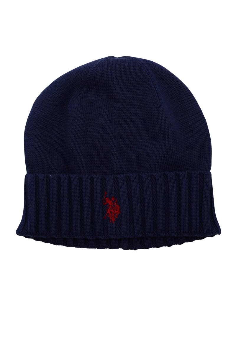 Gorro de punto en color marino con puño acanalado. Presenta un pequeño logo rojo en la parte frontal. Fabricado con un tejido suave y elástico.