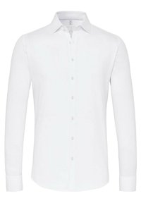 Witte overhemd met lange mouwen en een button-down kraag, gemaakt van soepele stof. Voorzien van gelijkmatig verdeelde knopen aan de voorkant en gestructureerde manchetten.