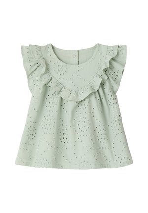 Hellgrüne ärmellose Bluse mit gerafftem Ausschnitt und Lochstickerei mit floralem Muster, Knopfverschluss auf der Rückseite.