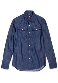 Slim-fit denimskjorta med mörkblå färg, två bröstfickor med lock och knapp fram. Slät textur med långa ärmar.