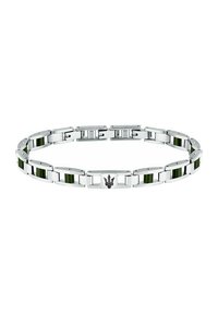 Bracciale in acciaio inossidabile con inserti in ceramica verde, maglie piatte e un emblema nero. Finitura lucida con sezioni testurizzate alternate.