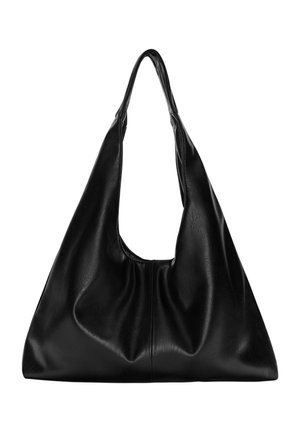 Sac à épaule en cuir noir avec une structure souple et décontractée et une large ouverture, présentant un détail plissé au centre devant.