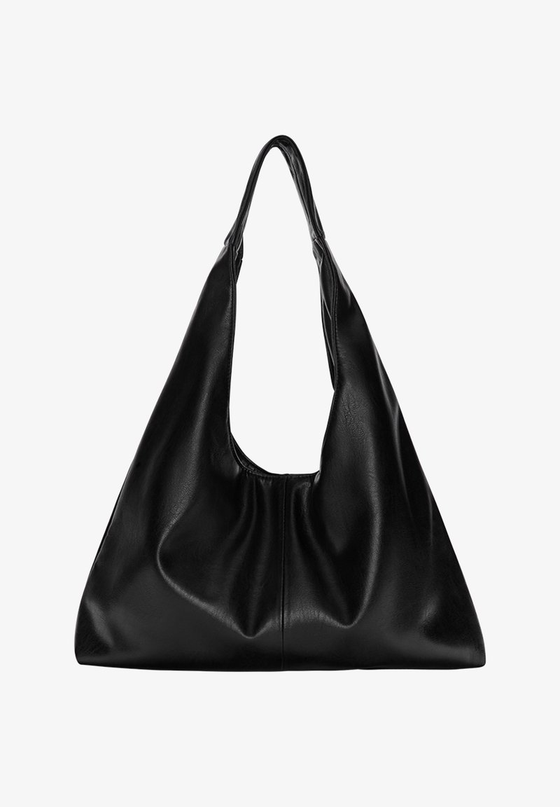 Sac à épaule en cuir noir avec une structure souple et décontractée et une large ouverture, présentant un détail plissé au centre devant.