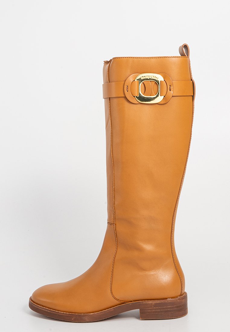 Lange bruine leren laars met een chunky hak, voorzien van een ronde gouden gesp als accent op een brede band. Glad textuur met minimale details.