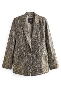 Blazer metallico con un intricato motivo paisley in tonalità di argento e oro, con colletto a punta e due tasche frontali.