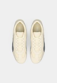 Et par beige Puma sneakers med mesh-sider, snørebåndslukning og synlige Puma-logoer på tungen, tæerne og indersålerne, set fra oven.