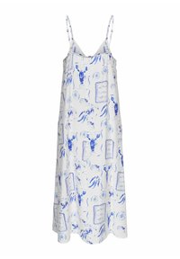 Robe d'été blanche sans manches avec imprimé homard bleu et vie marine, dotée de fines bretelles réglables et d'une coupe décontractée.