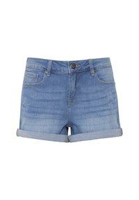 Denim šortai, šviesiai mėlyni, sukrauti kraštai, penkių kišenių dizainas, priekiniu mygtuku užsegami, lengvas blukimas, lygus paviršius, kasdieniškas stilius.