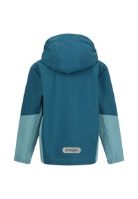 Teal og lyseblå børnejakke med hætte, der har elastiske manchetter og et logo mærke bagpå. Glat, vandtæt materiale.