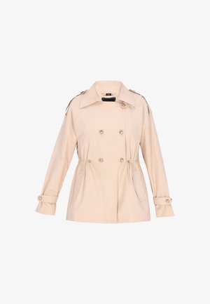 Beige trenchcoat met een dubbelzijdig ontwerp, knoopaccenten, verstelbare taille en zijzakken. Gladde stof en lange mouwen.