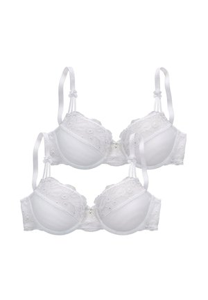 Two white lace bras with adjustable straps and small bow accents on a white background.