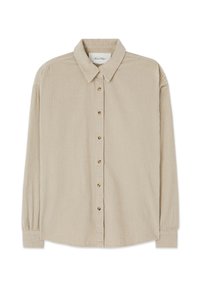 Béžová manšestrová košile s dlouhými rukávy, zapínáním na knoflíky, špičatým límečkem a manžetami, rozložená na bílém pozadí.