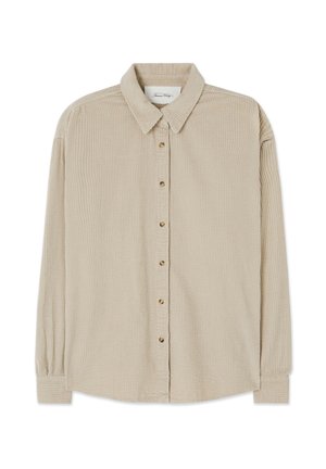 Béžová manšestrová košile s dlouhými rukávy, zapínáním na knoflíky, špičatým límečkem a manžetami, rozložená na bílém pozadí.