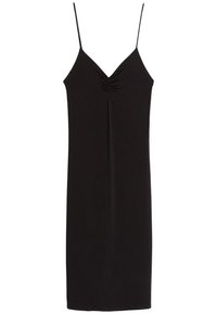 Robe noire à bretelles fines et réglables. Présente un détail froncé au niveau de la poitrine et une silhouette simple et épurée. Texture de tissu douce.