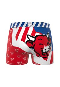 Boxer shorts rouges et bleus avec un grand graphique de vache rouge souriante, des rayures blanches et une ceinture à motifs présentant de petites vaches.