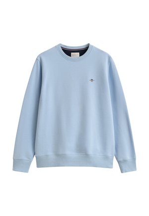 Sudadera de cuello redondo azul claro con mangas largas y pequeño logo bordado en el pecho izquierdo, mostrada sobre fondo blanco.