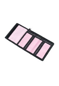 Black fabric wallet with four compartments, featuring a smooth pink interior and a hook closure for secure storage.