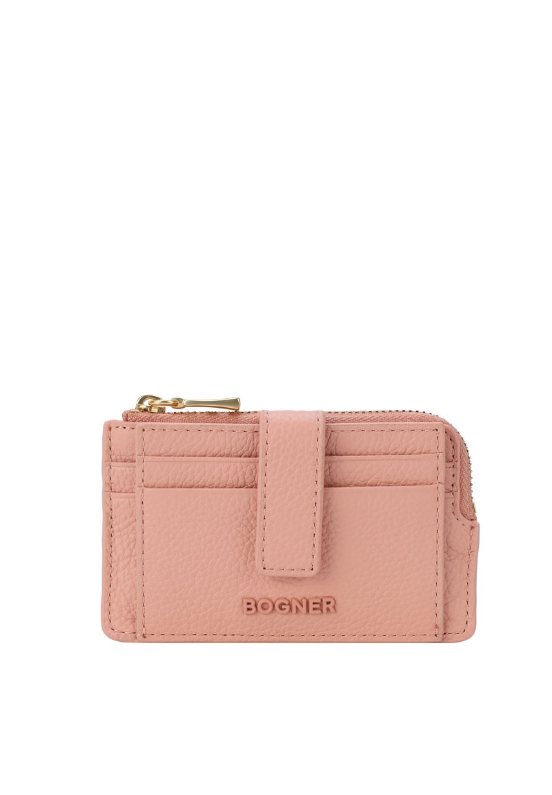 Portafoglio in pelle rosa con finitura testurizzata, dotato di numerosi scomparti per carte, un vano con zip e una chiusura magnetica. Logo impresso sulla parte anteriore.