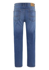 Blue denim jeans with a straight cut, featuring a leather patch on the waistband, two back pockets, and stitching accents.