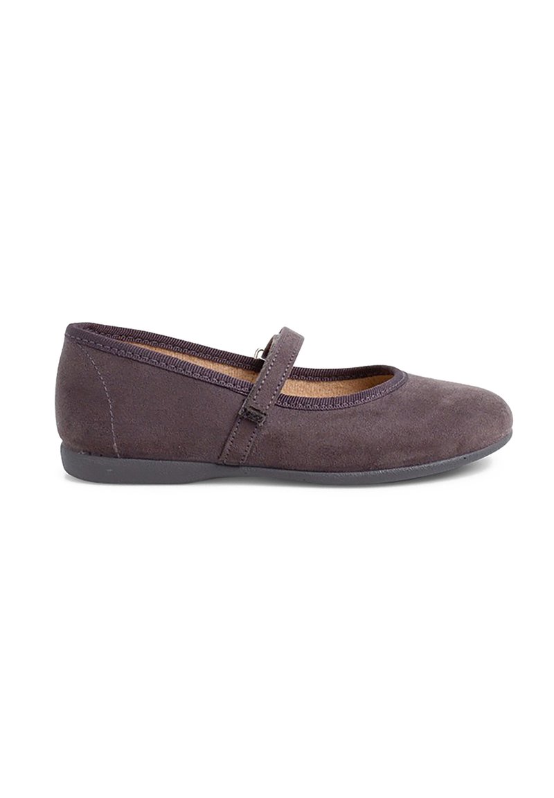 Lila Wildleder-Ballettschuhe mit runder Spitze und einem schmalen Riemen über dem Vorderfuß. Mit gepolsterter Innensohle und flexibler Gummisohle.