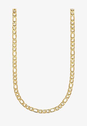 Gouden ketting met in elkaar grijpende schakels. Heeft een gladde textuur en gepolijste afwerking. De ketting heeft een uniforme breedte en een klassiek ontwerp.