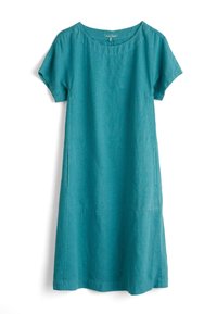 Türkises Leinenkleid mit kurzen Ärmeln, rundem Ausschnitt und geradem Schnitt. Verfügt über eine dezente Textur und Seitennähte.