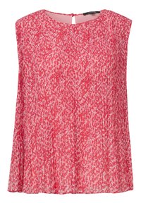 Różowy bezrękawnik o fakturowanym wzorze, z delikatnymi fałdami, okrągłym dekoltem i dekoltem w kształcie łezki z tyłu. Lekki materiał.