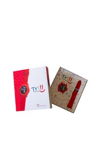 Rote Smartwatch in einer Box mit bunten Illustrationen. Verfügt über ein schwarzes Zifferblatt mit digitaler Anzeige und rotem Silikonarmband. Marke: Trill.