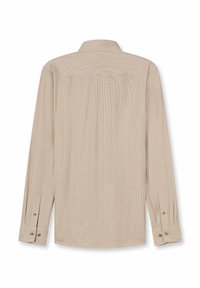 Beige Langarmhemd mit strukturiertem Webmuster, Knopfmanschetten und Kragen. Verfügt über einen geraden Saum und eine Nahtdetail am Rückenteil.