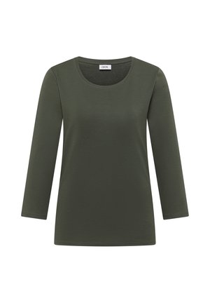 Lange mouw top in olijfgroen met een ronde hals, gemaakt van een zachte, rekbare stof. Heeft een gladde textuur en een eenvoudig, klassiek ontwerp zonder patronen.