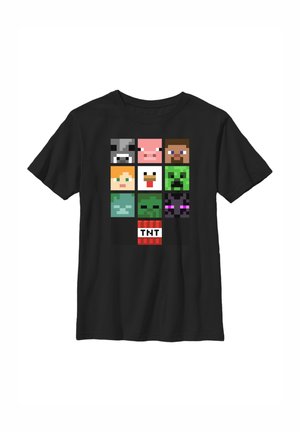 Sort t-shirt med ni farverige pixelated Minecraft-figur ansigter og en TNT-block arrangeret i et kvadratisk gitter på forsiden.