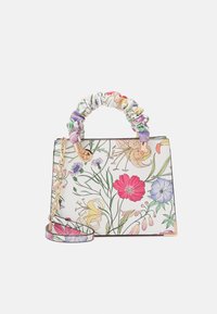Floral print handbag with a structured design, white textured material, scrunchie-style handle, gold hardware, and detachable strap.
